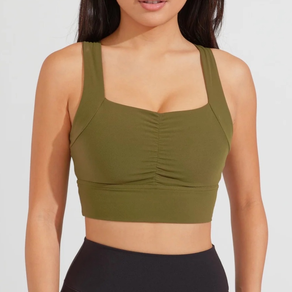 Like New Bloom Sports Bra Buffbunny Grounded Down Olive Color Ruched Front